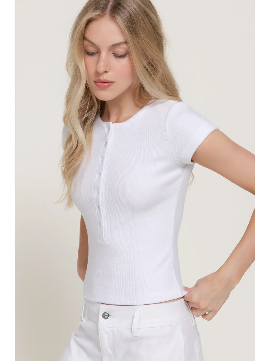 Ribbed White Henley Short Sleeve Fitted Crop Top