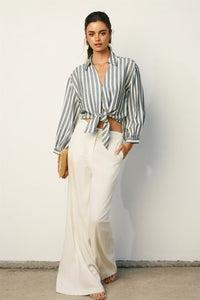 Striped Button-Up Tie Front Shirt with Balloon Sleeves