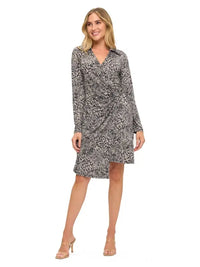 Animal Print Collared Wrap Front Long Sleeve Dress