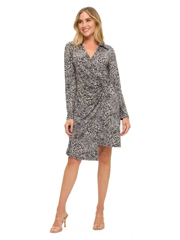 Animal Print Collared Wrap Front Long Sleeve Dress