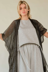 GLITTER TASSEL MESH SLEEVE LOOSE FIT KIMONO COVER UP BLACK
