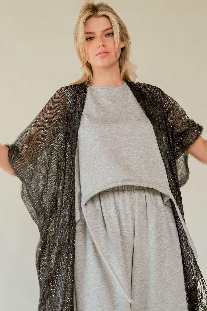 GLITTER TASSEL MESH SLEEVE LOOSE FIT KIMONO COVER UP BLACK