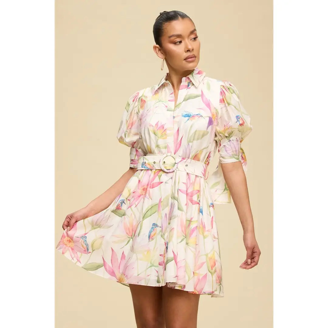 Pastel Floral Puff Sleeve Mini Dress with Belt