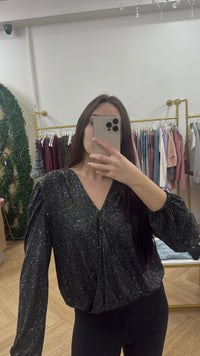 Black Glitter Long Sleeve Crossover Blouse