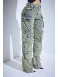 Utility Luxe Multi-Pocket Cargo Jeans in Washed Olive