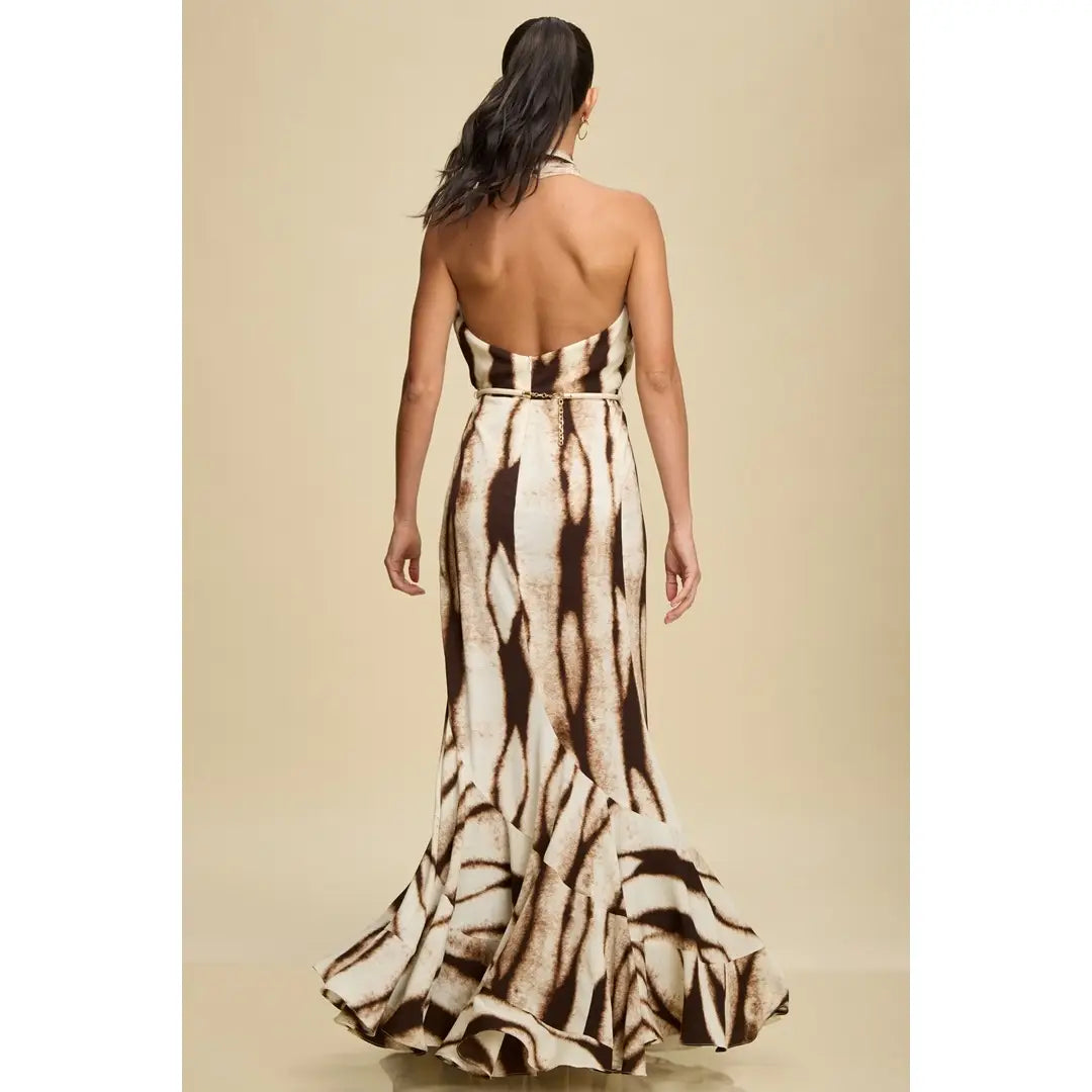 Halter Tie-Dye Maxi Dress with Flared Hem L Halter Tie-Dye Maxi Dress with Flared Hem L