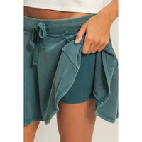 Green Washed Flowy Lounge Skort with Drawstring Waist