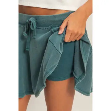Green Washed Flowy Lounge Skort with Drawstring Waist