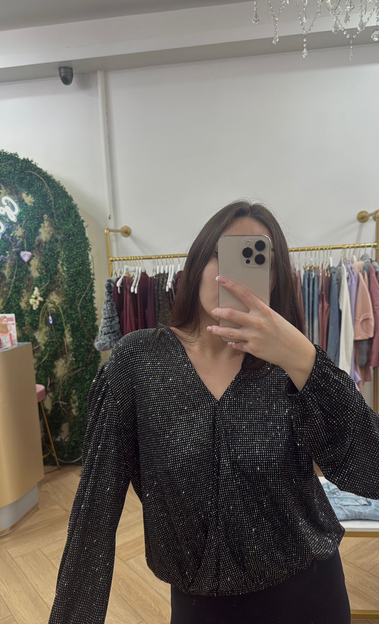 Black Glitter Long Sleeve Crossover Blouse