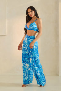 Blue Tie-Dye 3-Piece Wide-Leg Pant Set