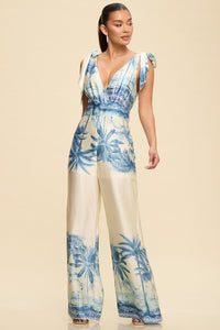 Tropical Print Tie Shoulder Wide Leg Jumpsuit