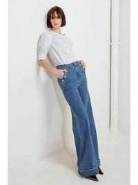 High-Waisted Flare Denim Jeans with Gold Button Detail
