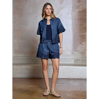 Embroidered Chambray Short Sleeve Button Front Top
