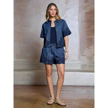 Embroidered Chambray Short Sleeve Button Front Top