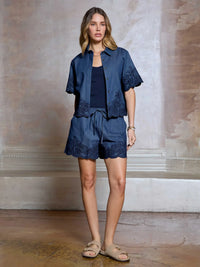 Denim Blue Embroidered Drawstring Waist Shorts