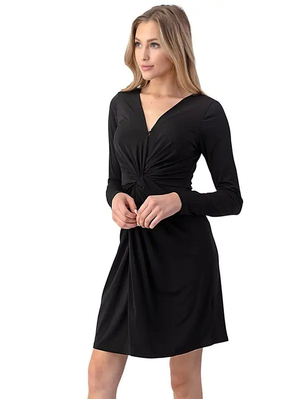 Black Twist Front Long Sleeve V-Neck Dress