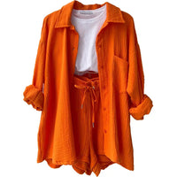 Relaxed Button-Up Shirt and Drawstring Shorts Two-Piece Set