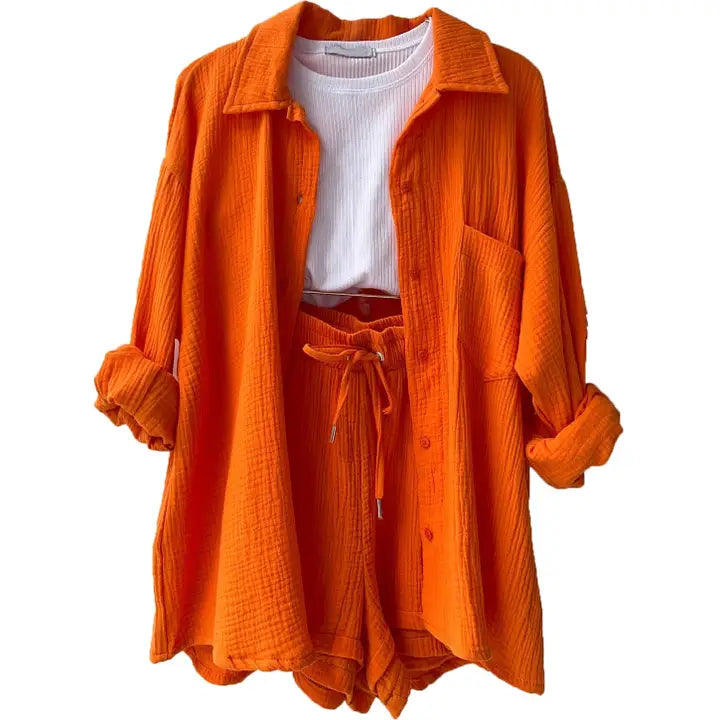 Orange Relaxed Button-Up Shirt and Drawstring Shorts Two-Piece Set