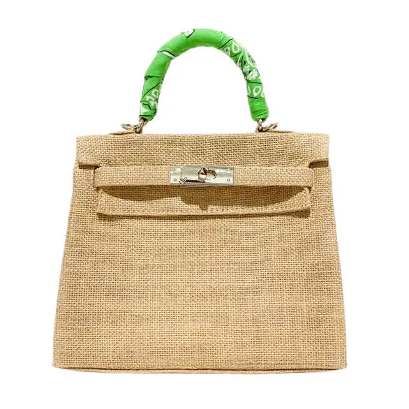 Bandana Handle Jute Satchel Bag with Crossbody Strap