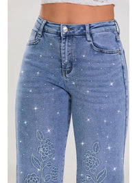 High Waist Rhinestone Floral Embroidered Flare Jeans