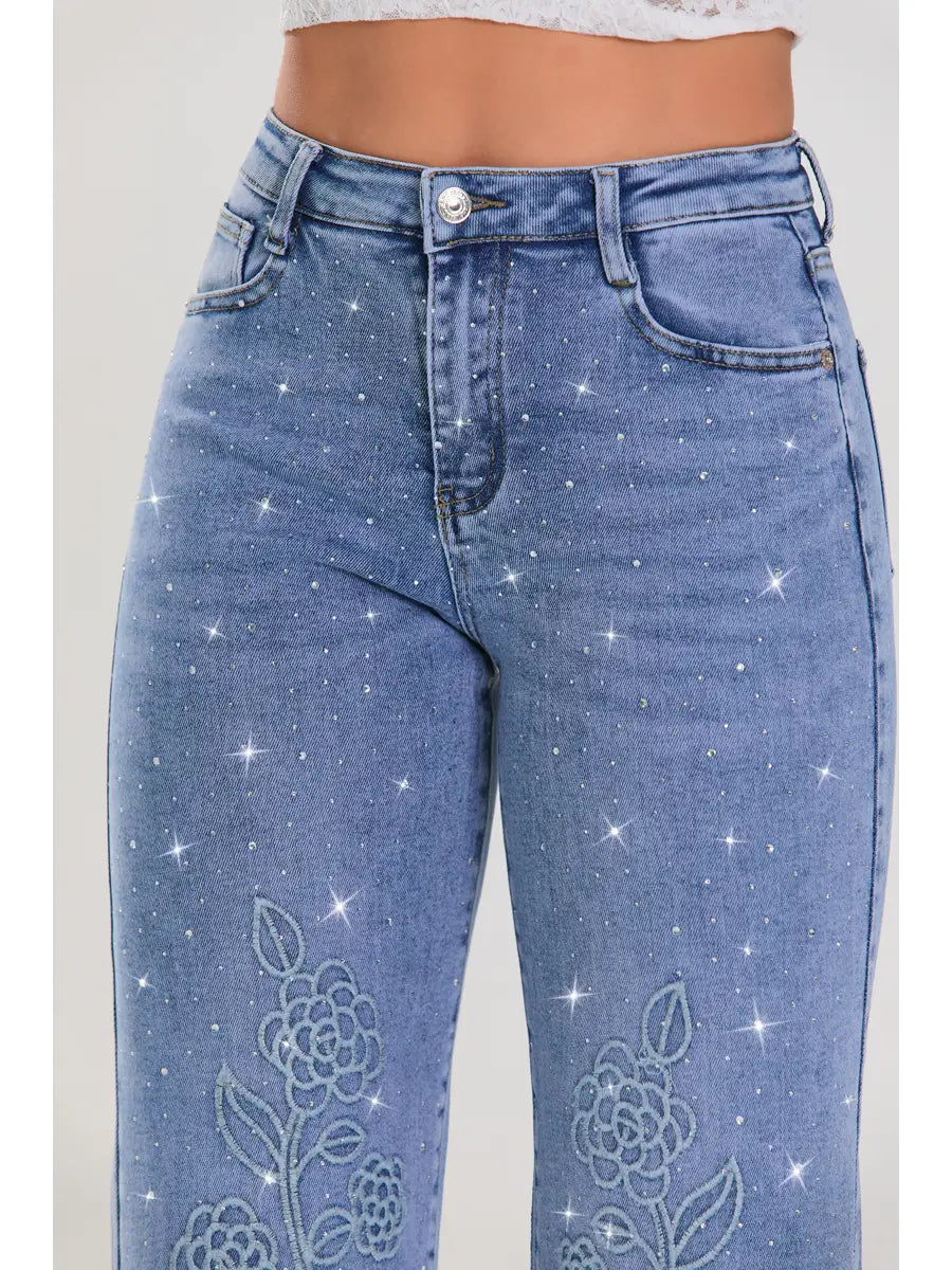 High Waist Rhinestone Floral Embroidered Flare Jeans