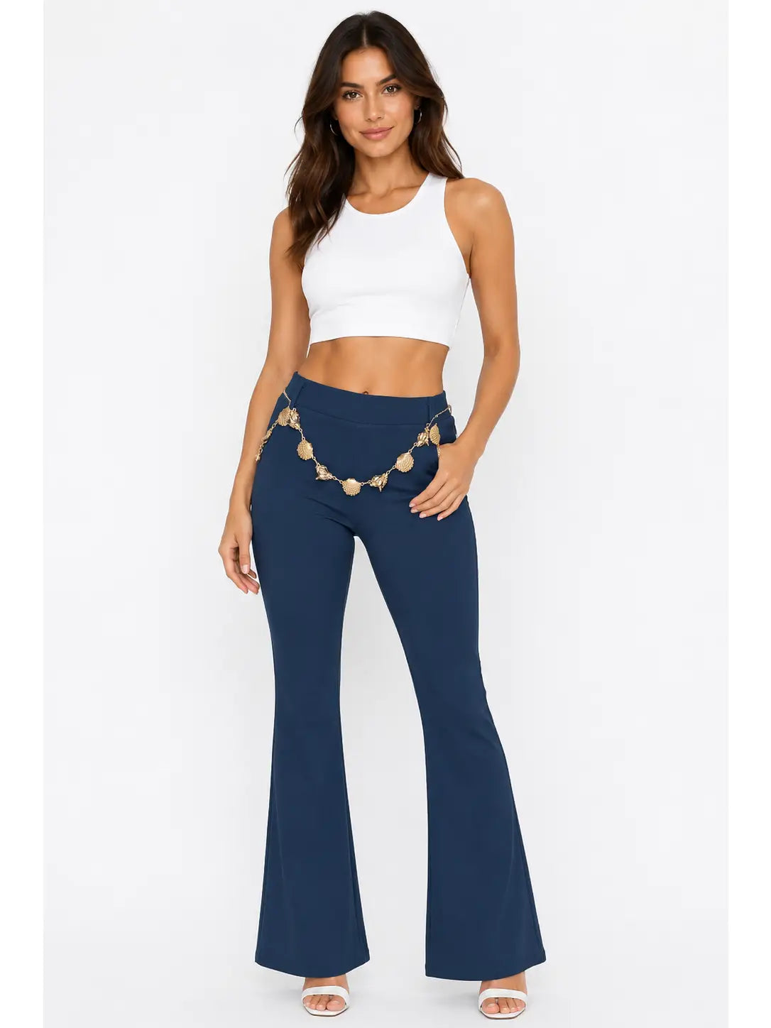 High Waist Blue Flare Pants with Gold Chain Detail