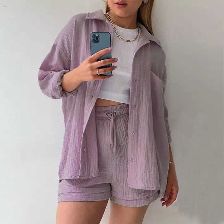 Purple Relaxed Button-Up Shirt and Drawstring Shorts Two-Piece Set