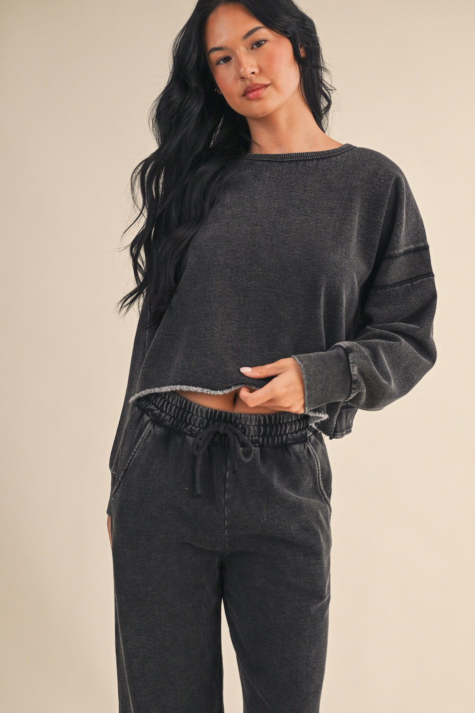 Vintage Wash Open Back Sweatshirt - Charcoal Relaxed Fit Pullover