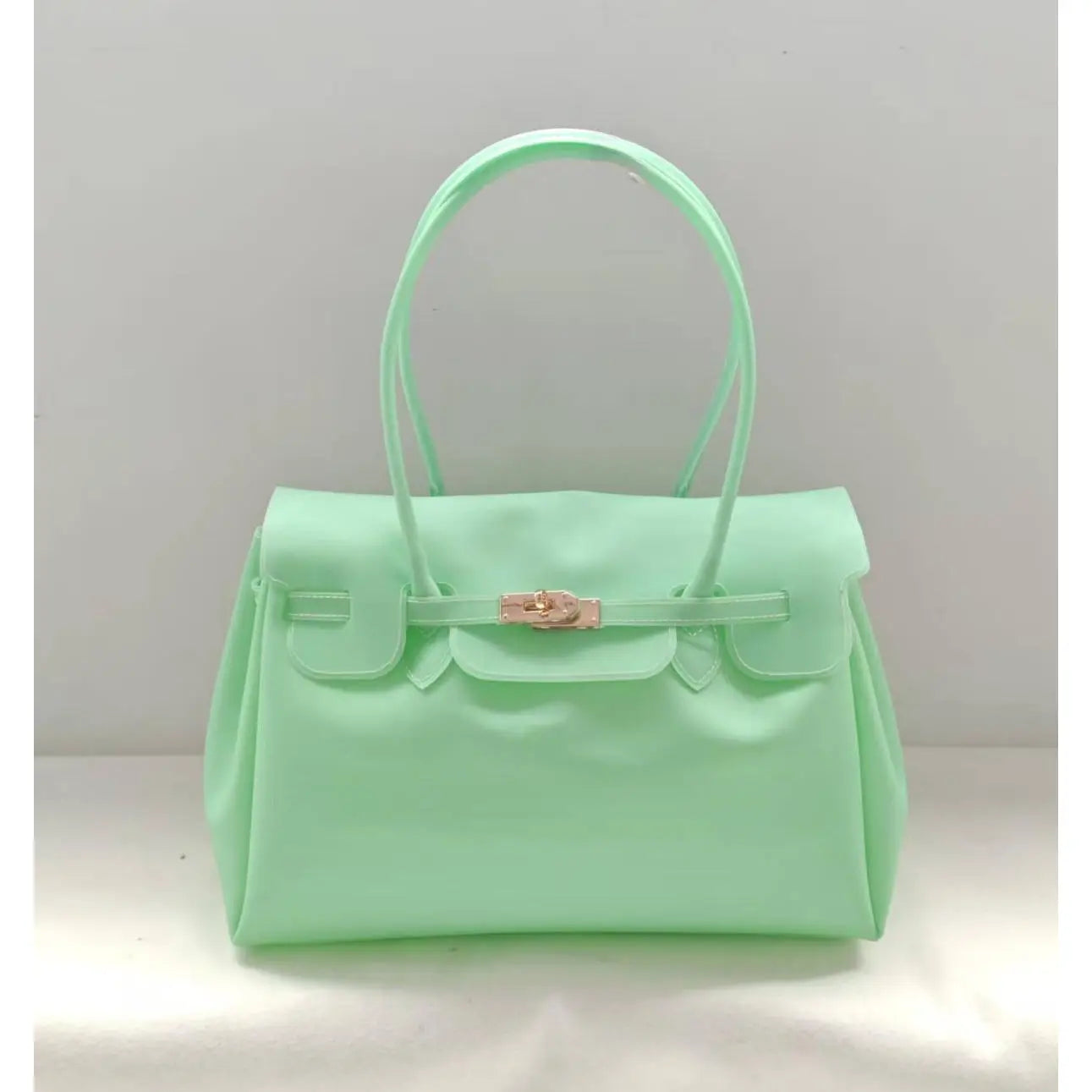 Bright Structured Top Handle Satchel with Gold Turn Lock Closure