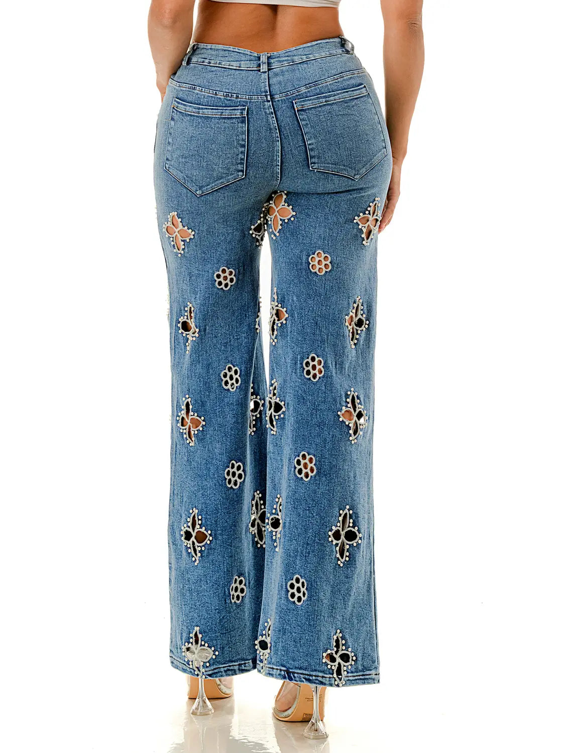 Blue Wide Leg Jeans with Pearl-Embellished Cutout Floral Detailing