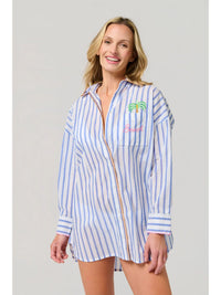 Blue & White Striped Beach Embroidered Oversized Button-Down Shirt Cover-Up