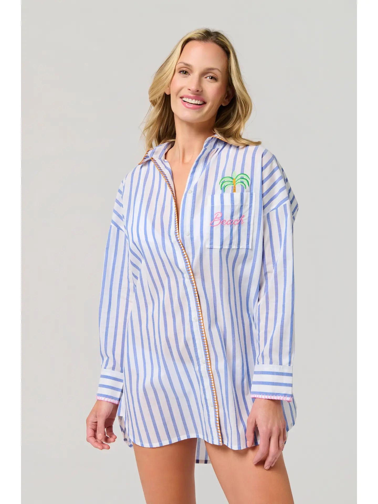 Blue & White Striped Beach Embroidered Oversized Button-Down Shirt Cover-Up