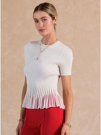 White Ribbed Knit Pleated Hem Short Sleeve Top