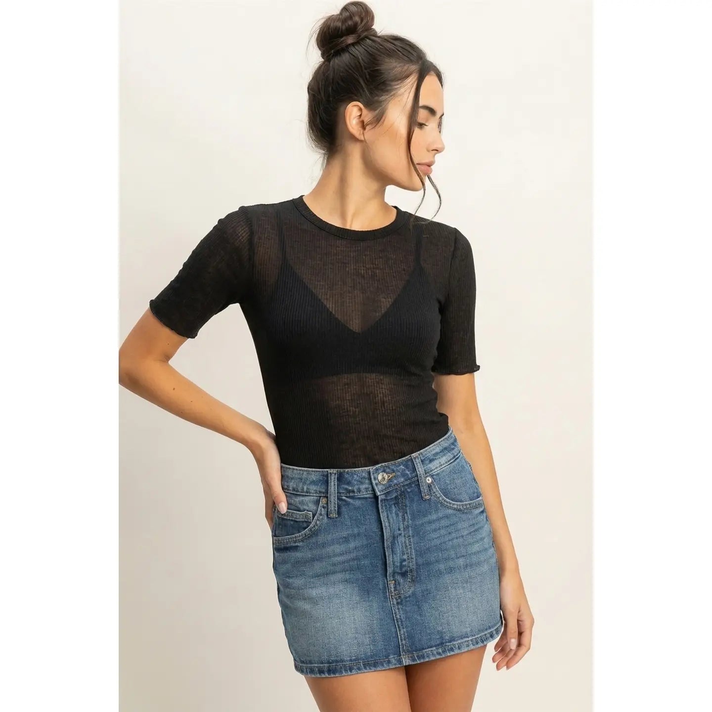 Black Sheer Ribbed Short Sleeve Fitted Top