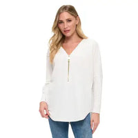 White V-Neck Zip Front Long Sleeve Blouse