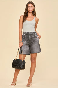 High Rise Elastic Waist Denim Shorts in Charcoal