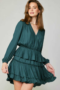 Emerald Green Pleated Tiered Mini Dress with Long Sleeves
