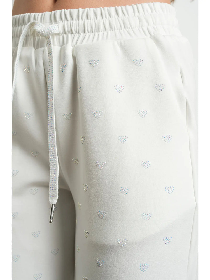 Rhinestone Heart Print white Jogger Sweatpants