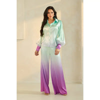 Satin Ombre Button-Up Shirt and Wide-Leg Pant Set