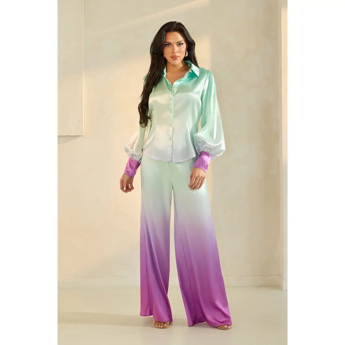 Satin Ombre Button-Up Shirt and Wide-Leg Pant Set