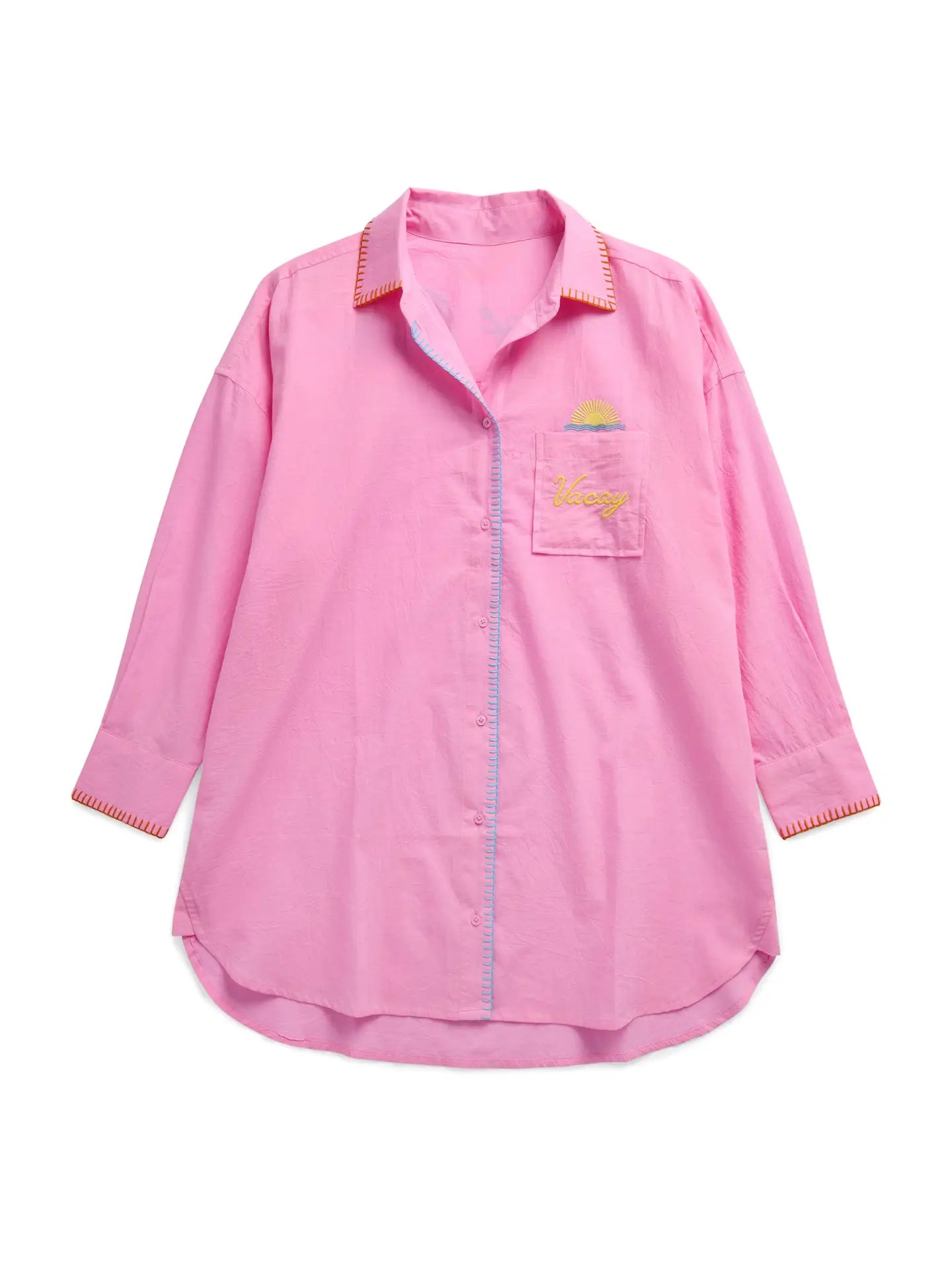 Embroidered “Vacay” Pink Button Down Cover-Up Shirt Dress