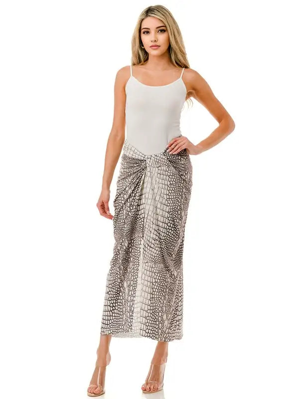 Animal Print High-Waist Midi Skirt with Front Twist Slit