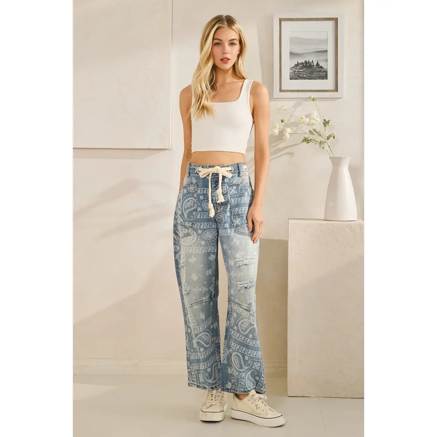 Light Wash Paisley Print Distressed Straight Leg Jeans