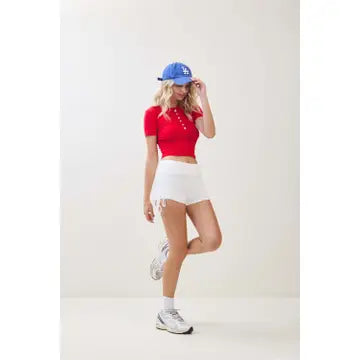 Red Ribbed Button Front Cropped Tee