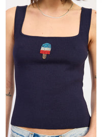 Blue Square Neck Ribbed Tank with Ice Cream Embroidery
