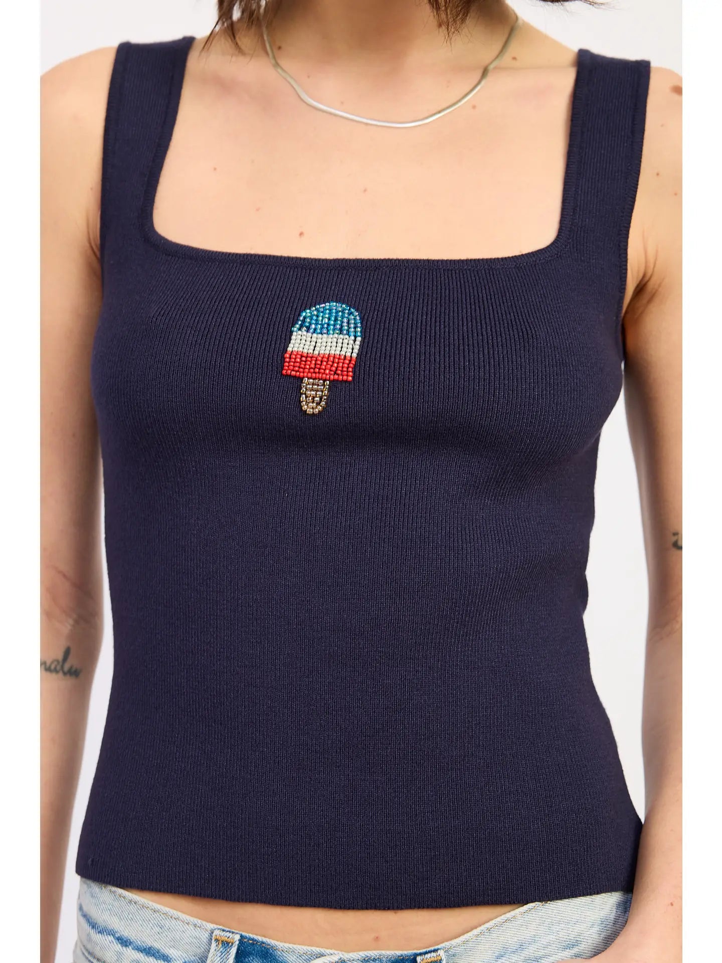 Blue Square Neck Ribbed Tank with Ice Cream Embroidery