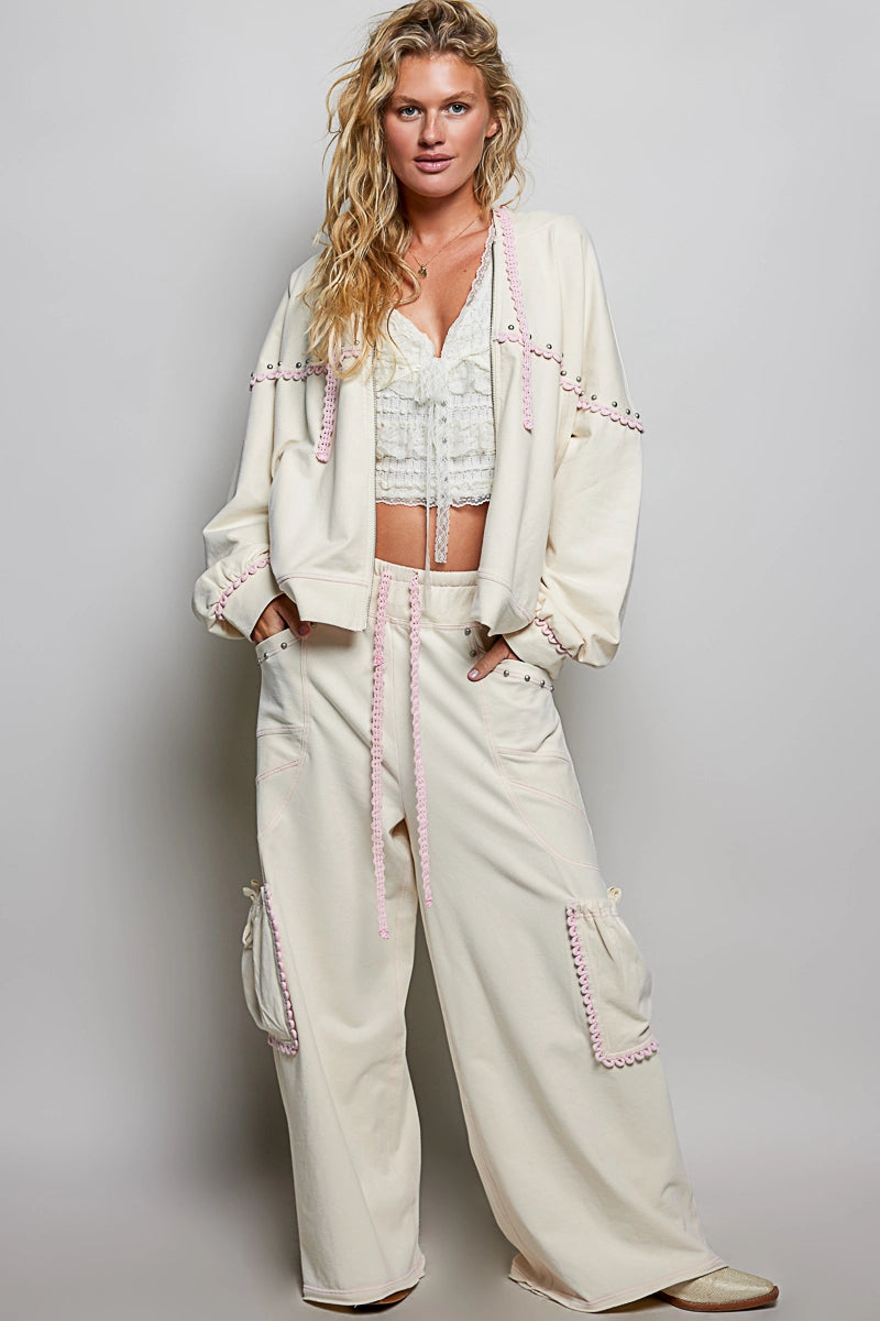 Relaxed Fit Drawstring Lounge Pants with Stud Detail and Contrast Trim
