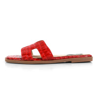 Red Croc Embossed Cutout Strap Flat Slide Sandals