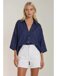 Oversized Button Down Denim Shirt with Wide Sleeve