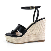 Leah Cutout Strap Espadrille Platform Wedge Sandals Black